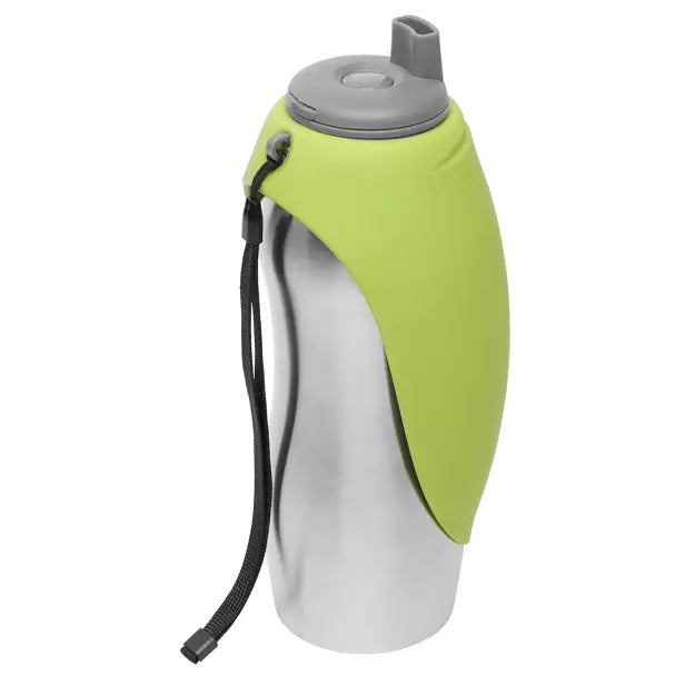Messy Mutts Stainless Travel Water Bottle with Flip Up Bowl Green - 700ml